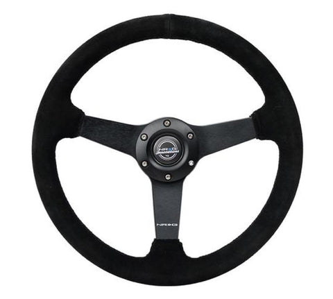 NRG Sport Steering Wheel (350mm / 1.5in Deep) Black Suede/Black Stitch w/Matte Black Solid Spokes