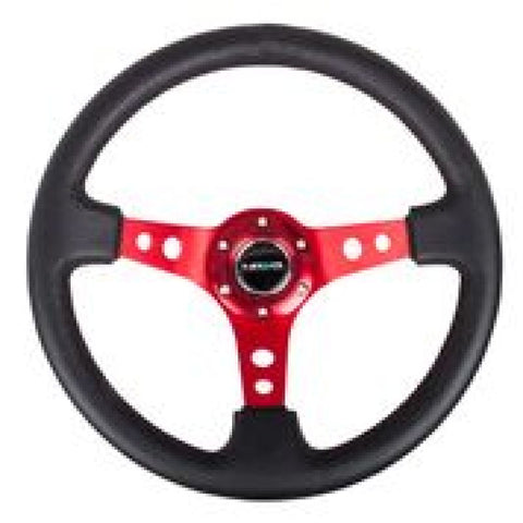 NRG Reinforced Steering Wheel (350mm / 3in. Deep) Blk Leather w/Red Circle Cutout Spokes