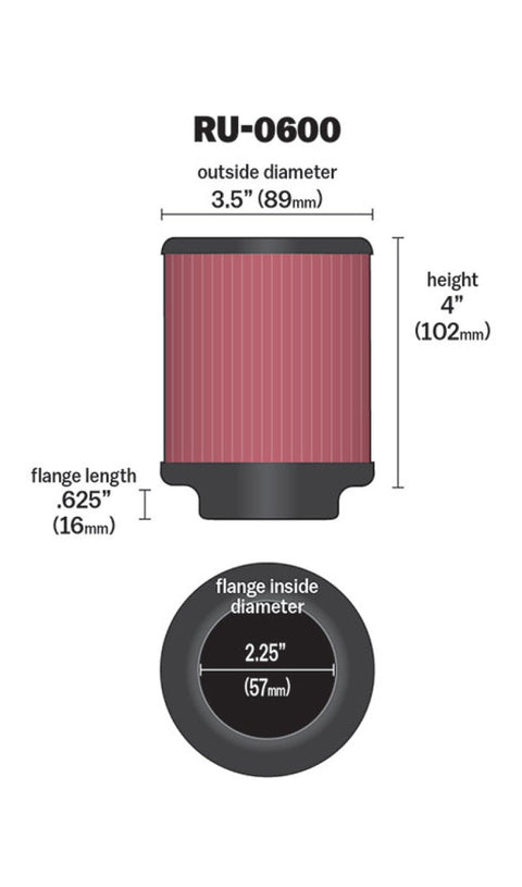 K&N Filter Universal Rubber Filter 2 1/4 inch Flange 3 1/2 inch OD 4 inch Height