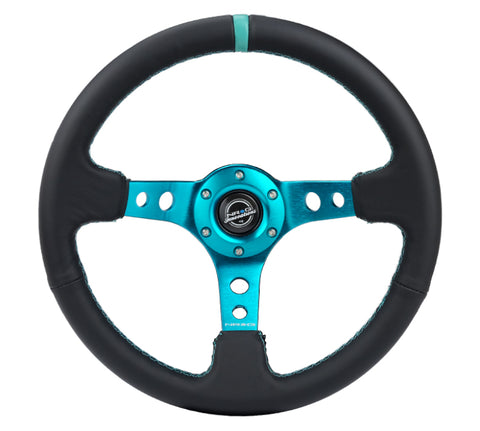 NRG Reinforce Steering Wheel (350mm / 3in. Deep) Blk Leather, Teal Center Mark w/ Teal Stitching