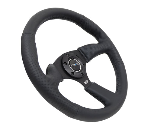 NRG Reinforced Steering Wheel (350mm / 2.5in. Deep) Blk Leather Comfort Grip w/5mm Matte Blk Spokes